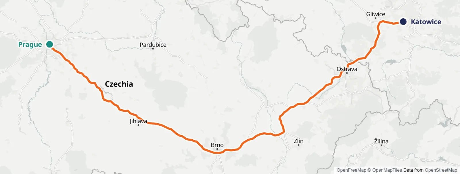 خريطة المسار: Prague – Katowice