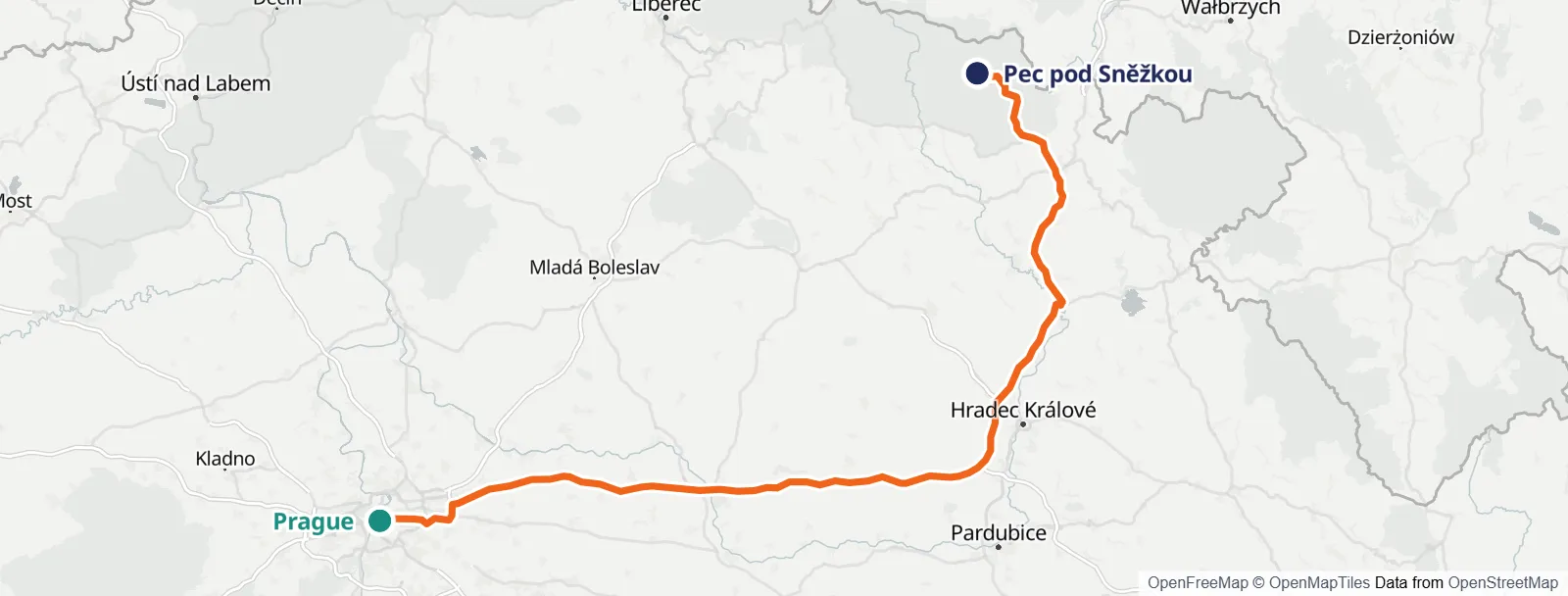 خريطة المسار: Prague – Pec pod Sněžkou